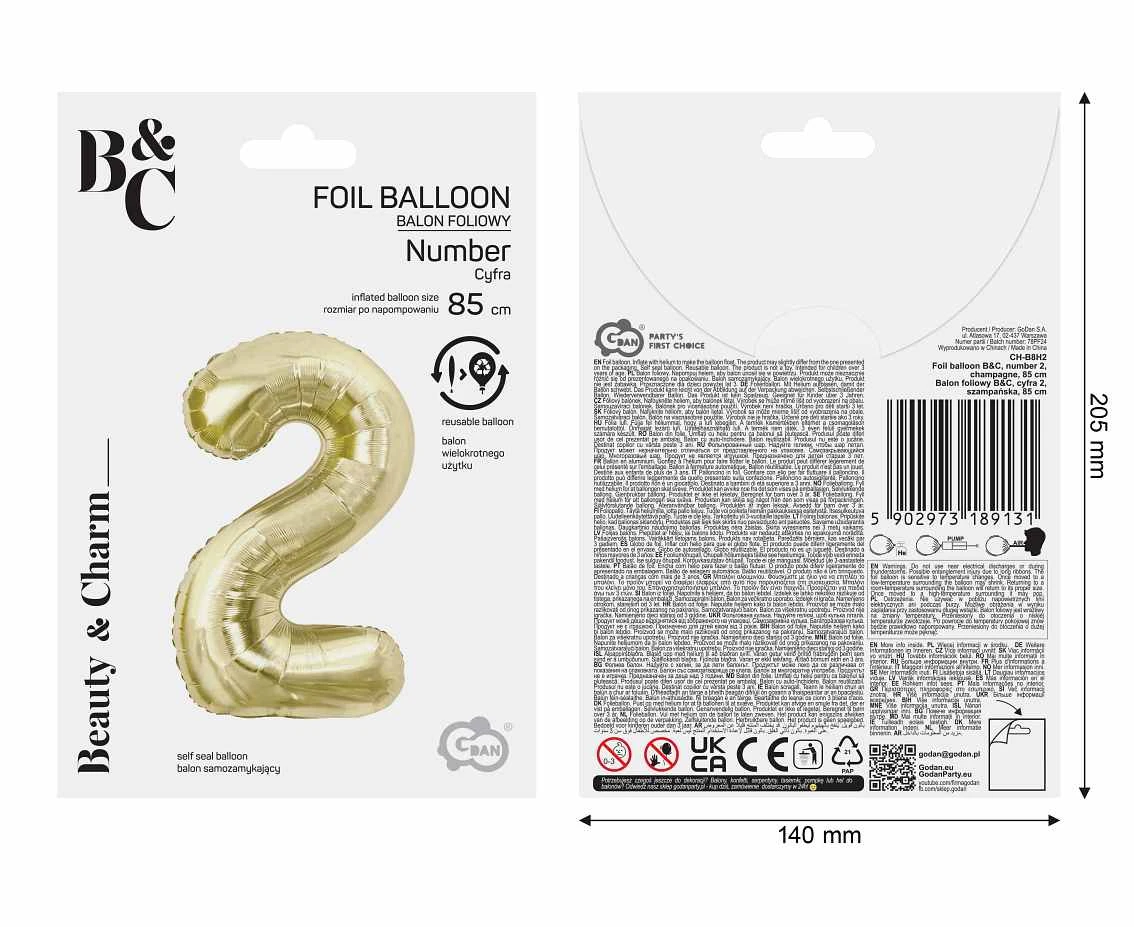 Balon foliowy B&C, cyfra 2, szampańska, 85 cm AA
